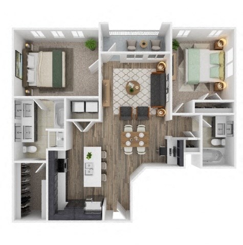 Floor plan for 2 beds, 2 baths, 1049 sqft